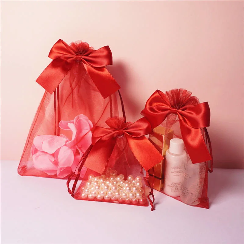 Bowknot Design Transparent Cosmetic Mesh Gift Luxury Organza Bags Jewelry Packaging Organza Bags