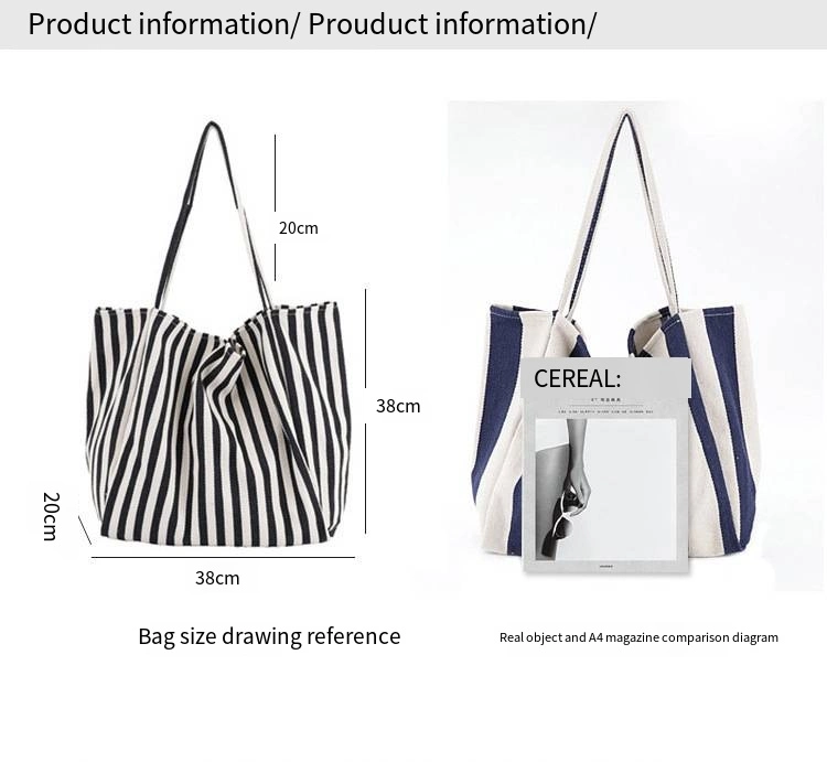 Canvas Bag Large Capacity Women&prime;s Fashion Striped Tote Shopping Bag