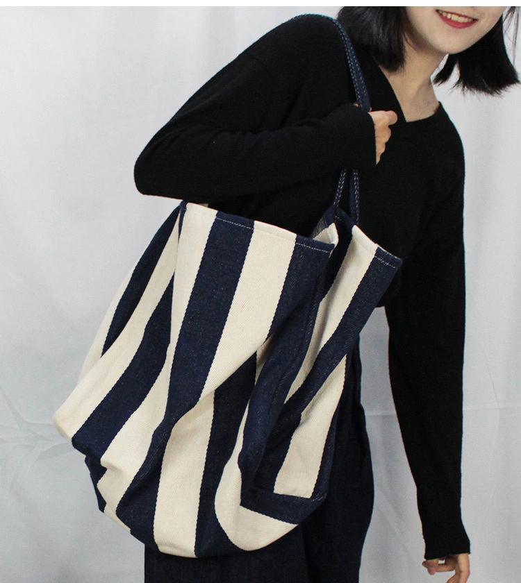 Canvas Bag Large Capacity Women&prime;s Fashion Striped Tote Shopping Bag