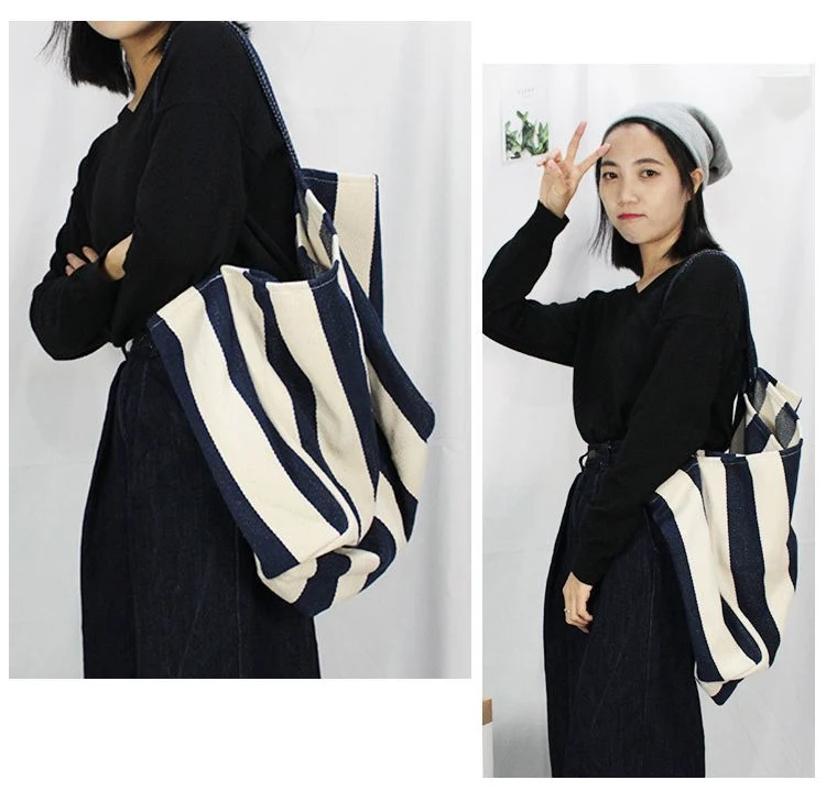 Canvas Bag Large Capacity Women&prime;s Fashion Striped Tote Shopping Bag