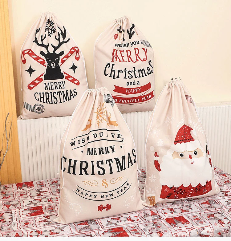 Canvas Christmas Bag Santa Backpack Printed Closing Gift Bag Christmas Carry Bag