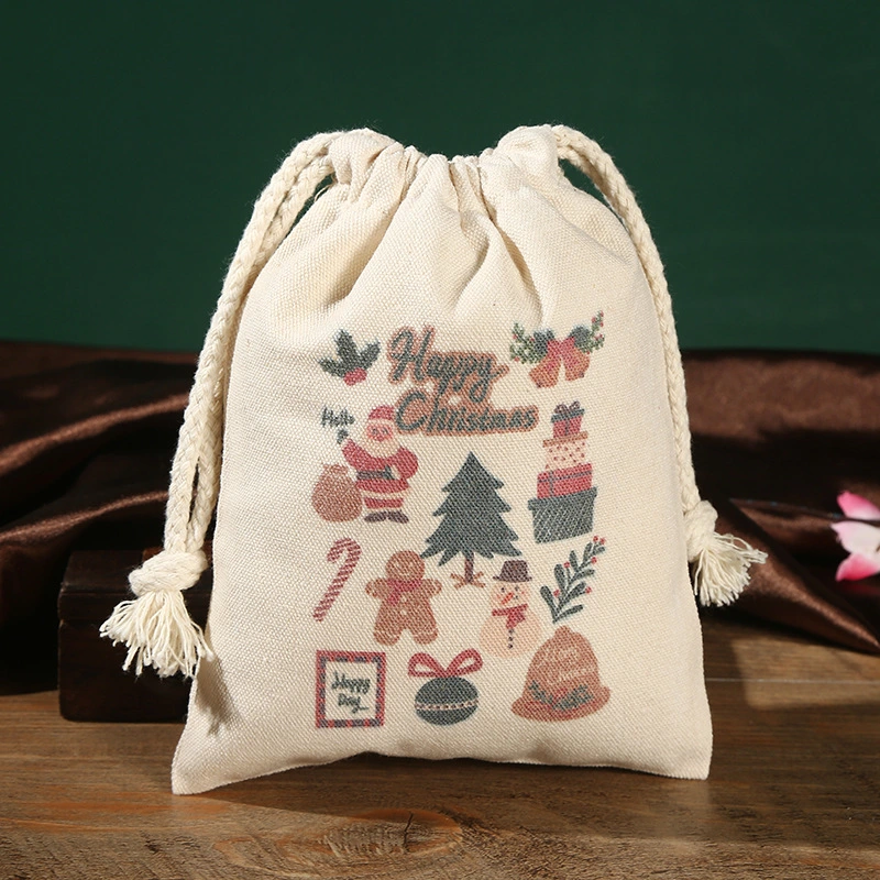 Christmas Wind Canvas Bundle Pocket Drawstring Bag Christmas Gift Candy Dust Proof Canvas Bag Storage Bag