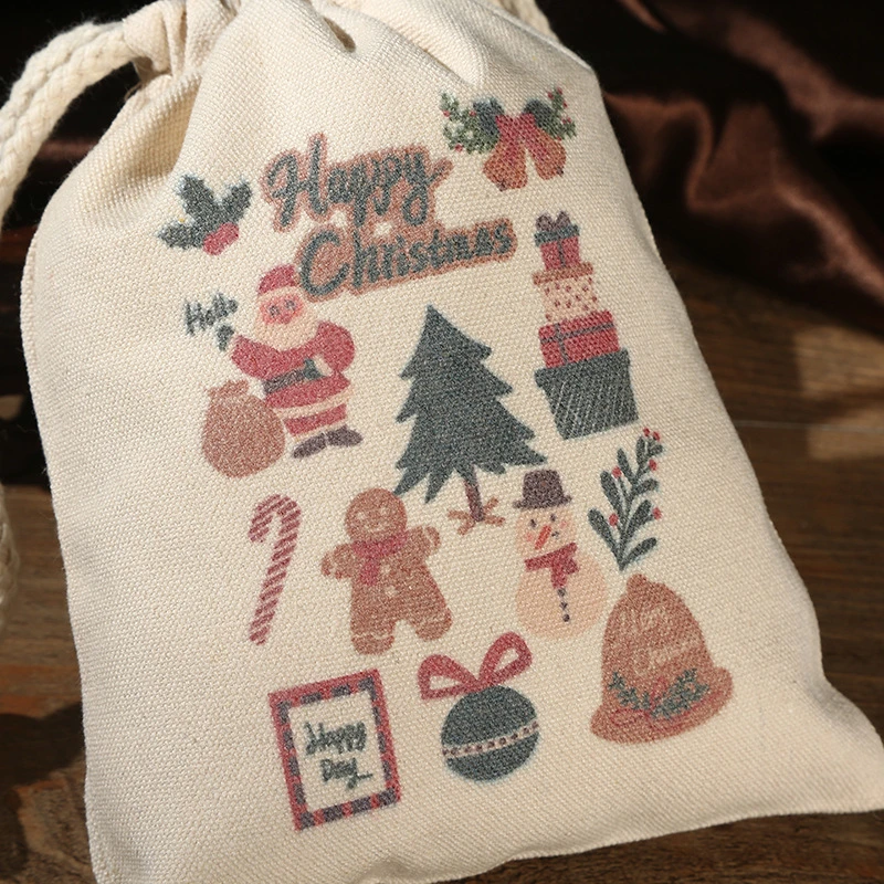 Christmas Wind Canvas Bundle Pocket Drawstring Bag Christmas Gift Candy Dust Proof Canvas Bag Storage Bag