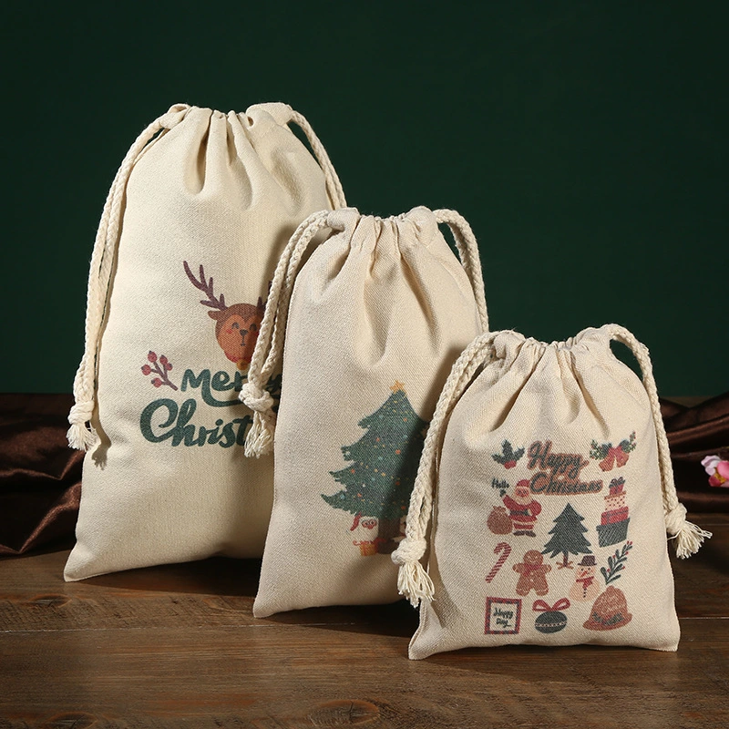 Christmas Wind Canvas Bundle Pocket Drawstring Bag Christmas Gift Candy Dust Proof Canvas Bag Storage Bag
