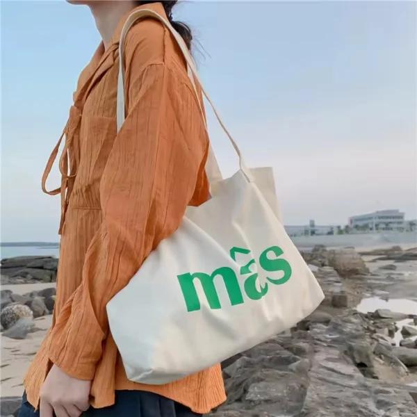 Colorful Custom Logo Cotton Natural Shopping Market Bag Zipper Tote Canvas Bag - Image 3