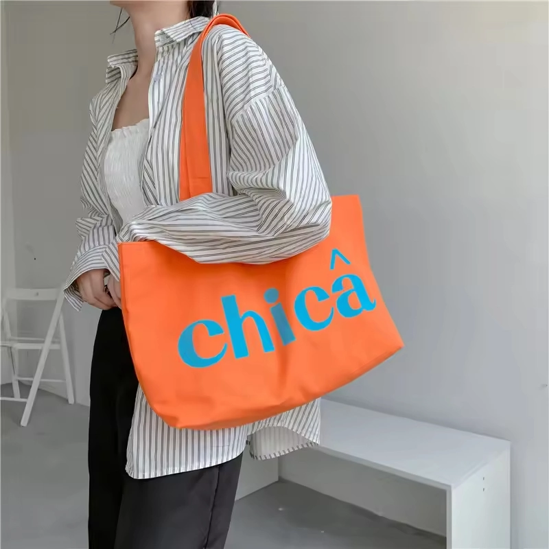 Colorful Custom Logo Cotton Natural Shopping Market Bag Zipper Tote Canvas Bag