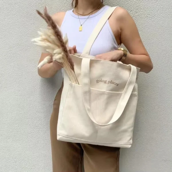 Cosmetic Logo Luxury Foldable Reusable Cotton Grocery Shopping Bag with Pockets
