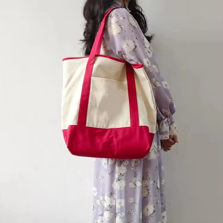 Cotton Heavy Canvas Tote Bag with Inside Outside Front Pockets Shopping Bag
