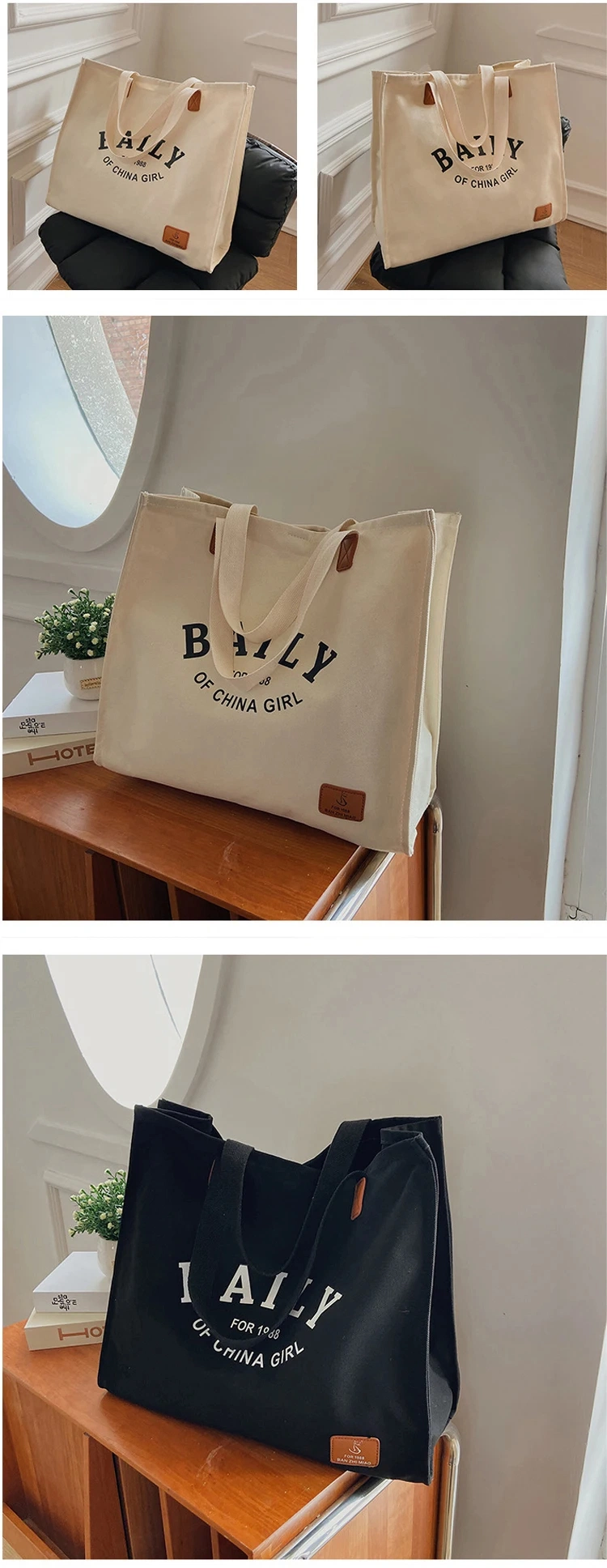 Cotton Tote Bag Custom Printed Logo with Pocket and Zipper Shopping Bag Thick Large Canvas Bag