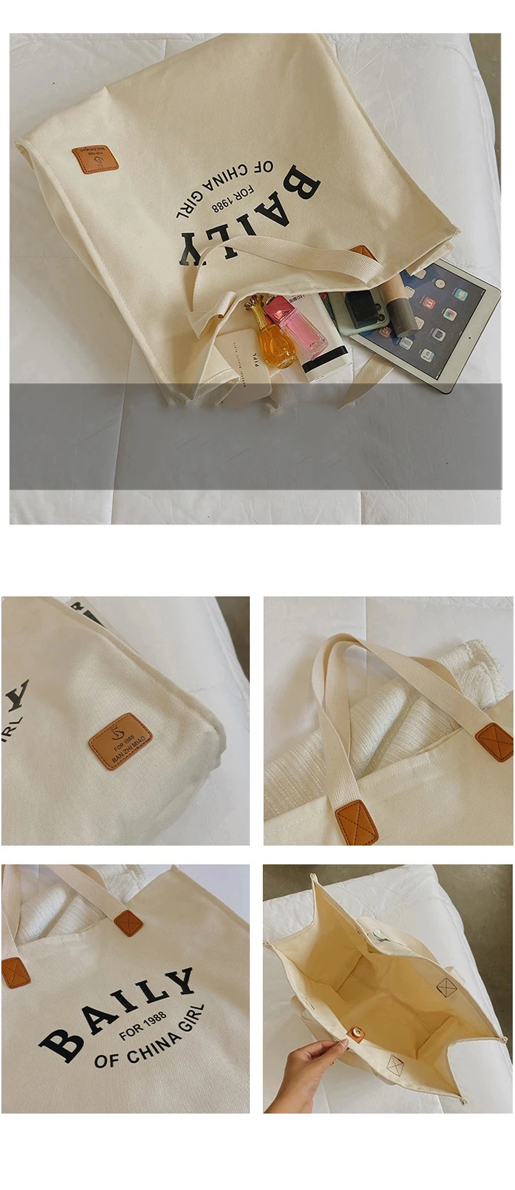 Cotton Tote Bag Custom Printed Logo with Pocket and Zipper Shopping Bag Thick Large Canvas Bag