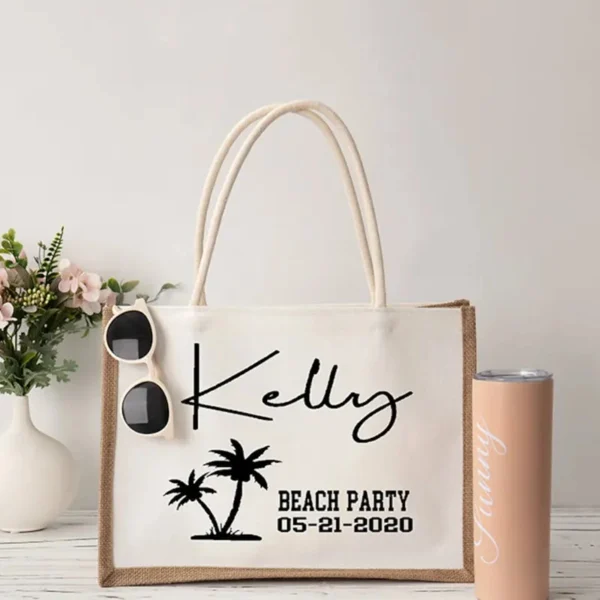 Custom Beach Burlap Tote Bags Personalized Girls Trip Gifts Canvas Jute Tote Shopper Bags - Image 3
