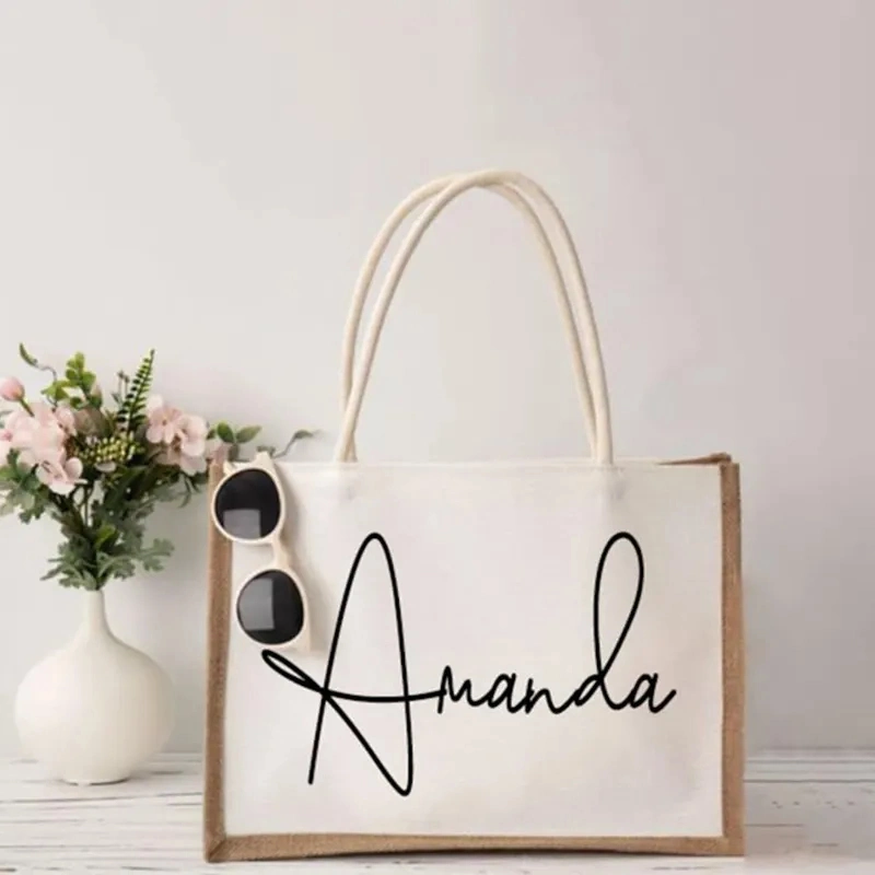 Custom Beach Burlap Tote Bags Personalized Girls Trip Gifts Canvas Jute Tote Shopper Bags