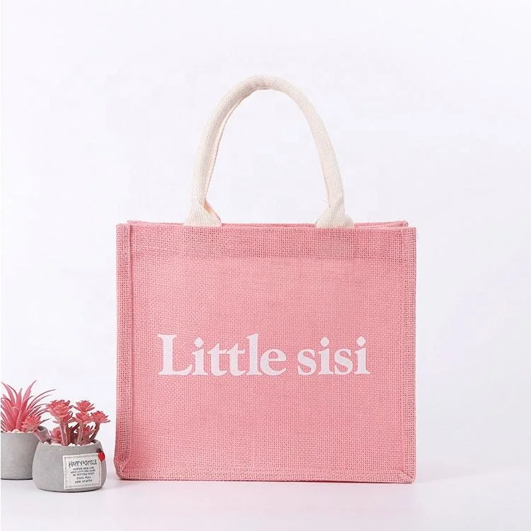 Custom Eco Recycling Printing Foldable Luxury Boutique Pink Jute Carry Bags Shopping Bag