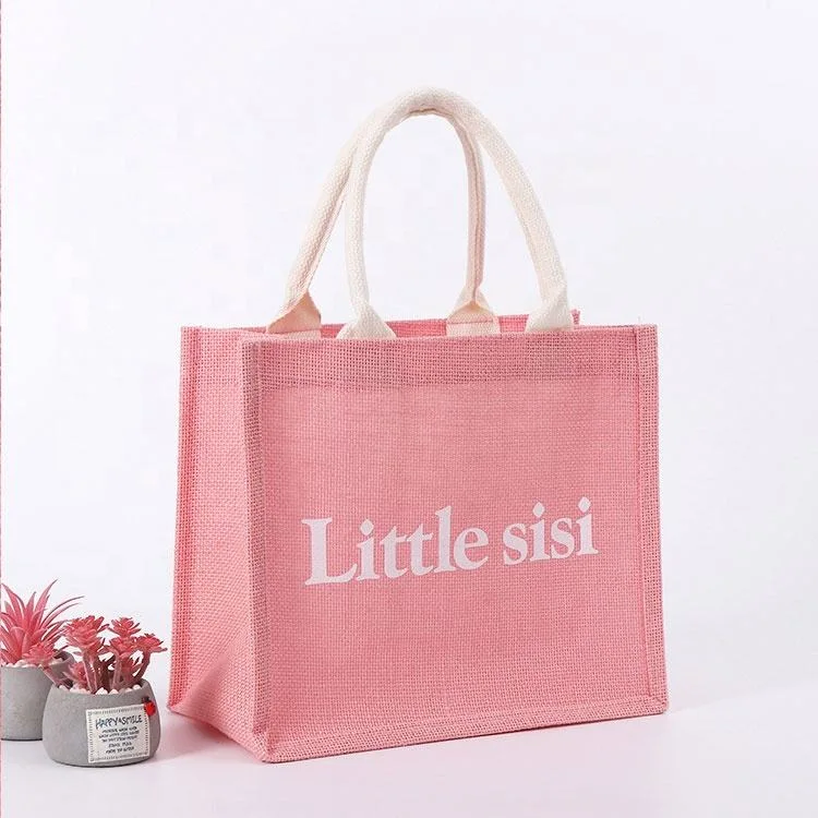 Custom Eco Recycling Printing Foldable Luxury Boutique Pink Jute Carry Bags Shopping Bag - Image 2