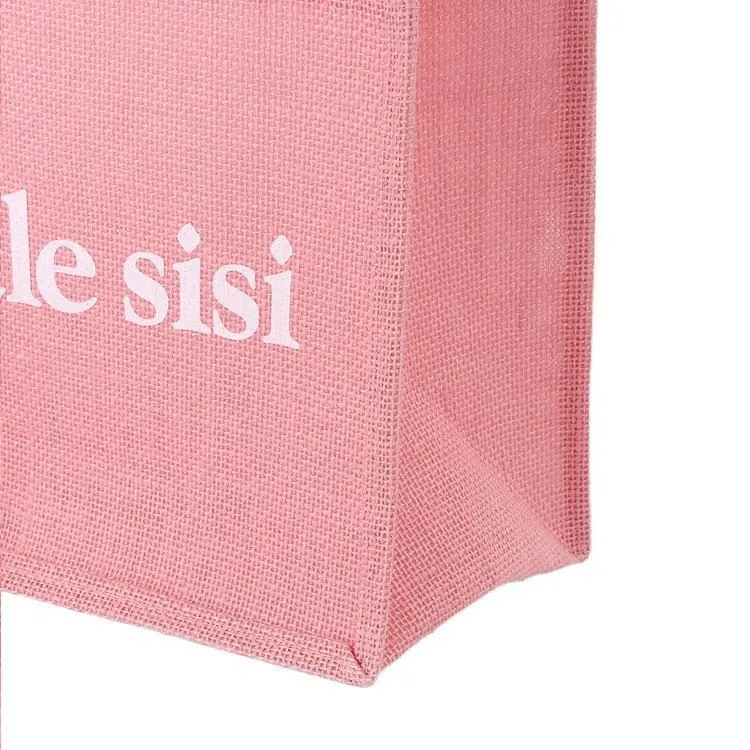 Custom Eco Recycling Printing Foldable Luxury Boutique Pink Jute Carry Bags Shopping Bag - Image 5
