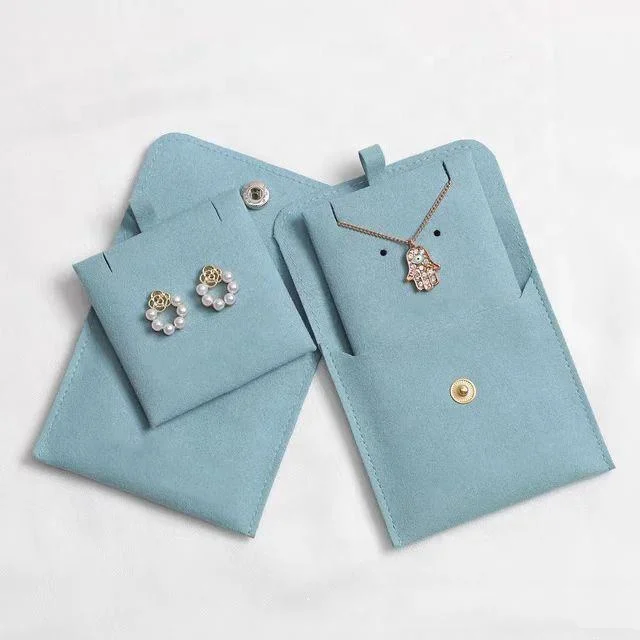 Custom Jewellery Pouch Bag Microfiber Suede Velvet Earring Necklace Snap Button Jewelry Pouch Packaging with Insert Pad