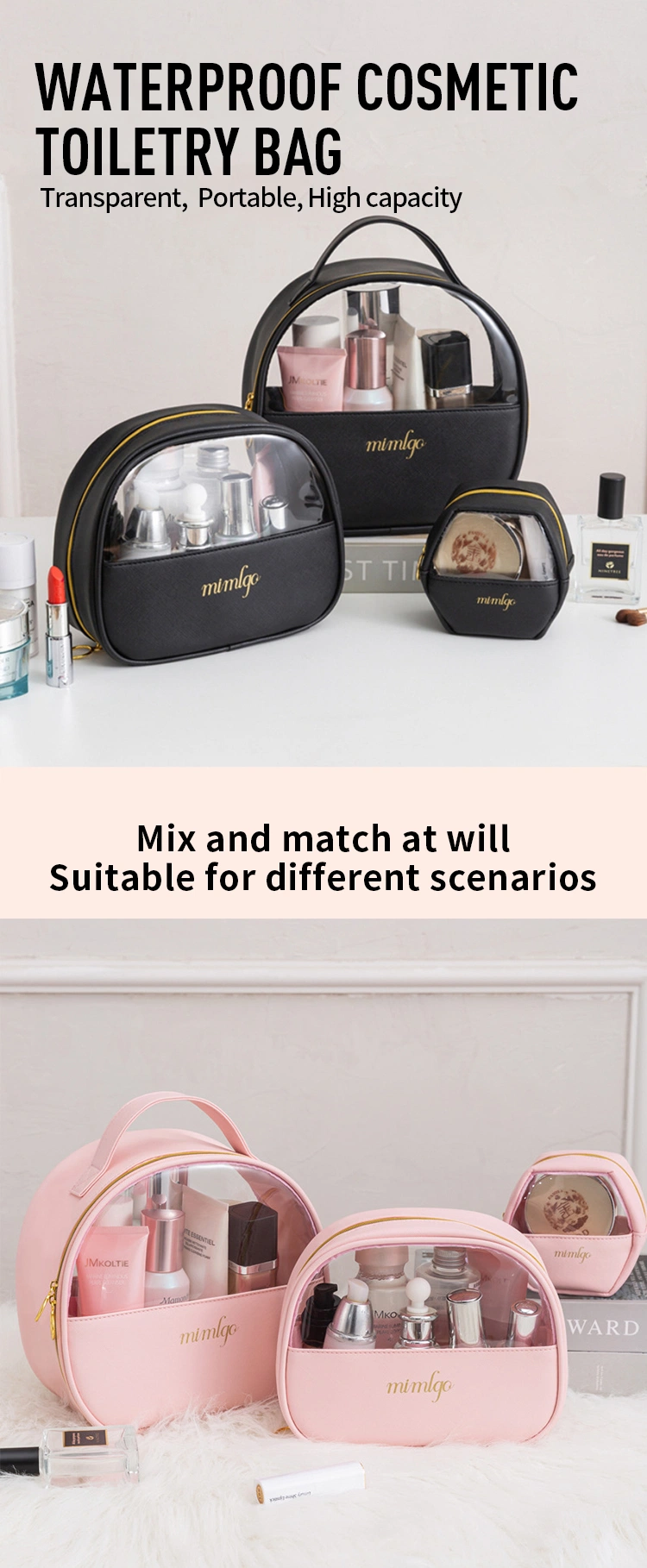 Custom Logo Fashion PVC Plastic Transparent Clear Zipper Travel Wash Toiletry Pouch Makeup Cosmetic Bag