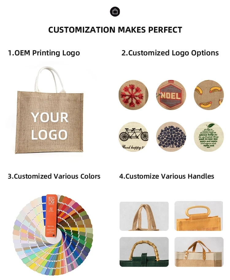 Custom Logo Jute Bag Natural Burlap Recycled Beach Bag Shopping Tote Bags