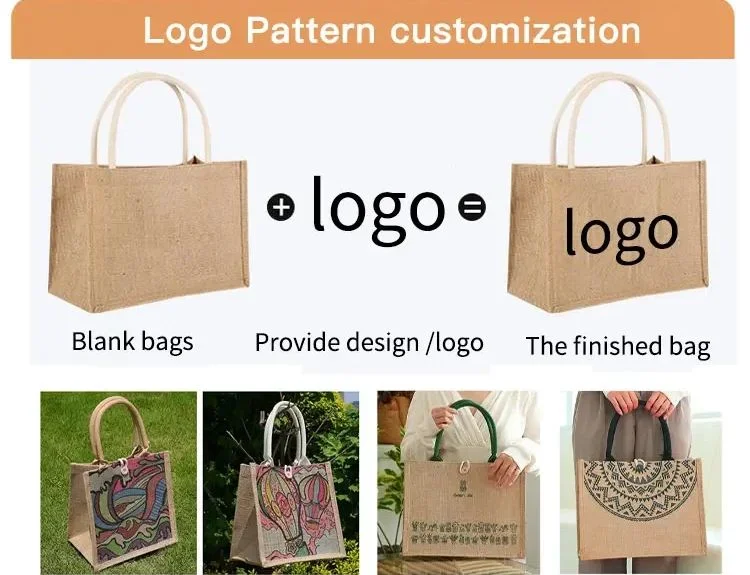 Custom Logo Jute Bag Natural Burlap Recycled Beach Bag Shopping Tote Bags