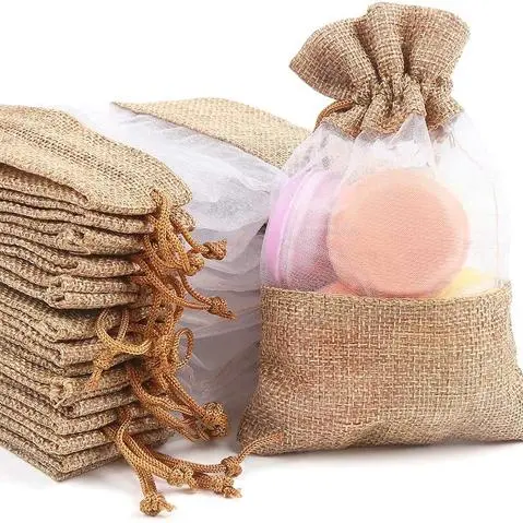 Custom Logo Natural Linen Organza Bag Burlap Gift Pouch Burlap Drawstring Candy Jute Bags