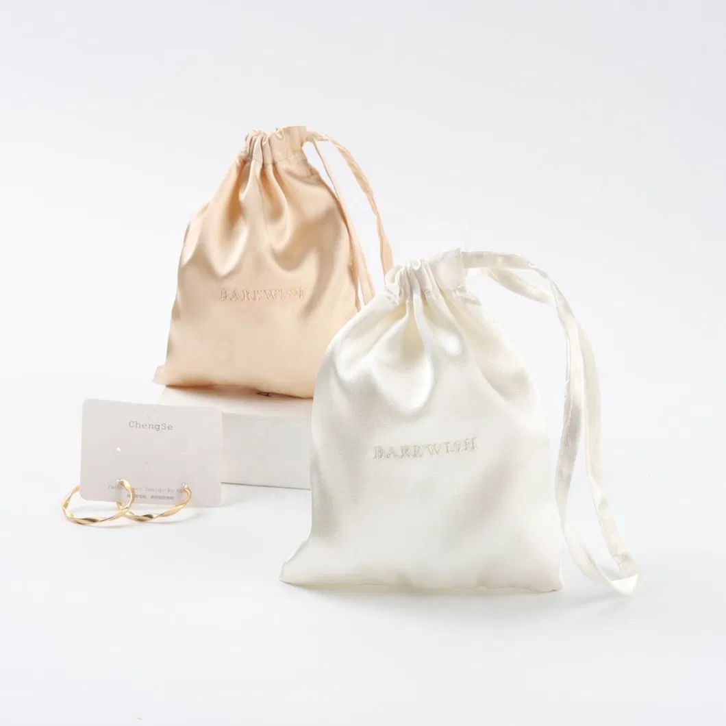 Custom Logo Personalized Single String Silk Satin Jewelry Bag Luxury Drawstring Gift Silk Cosmetic Packaging Bag