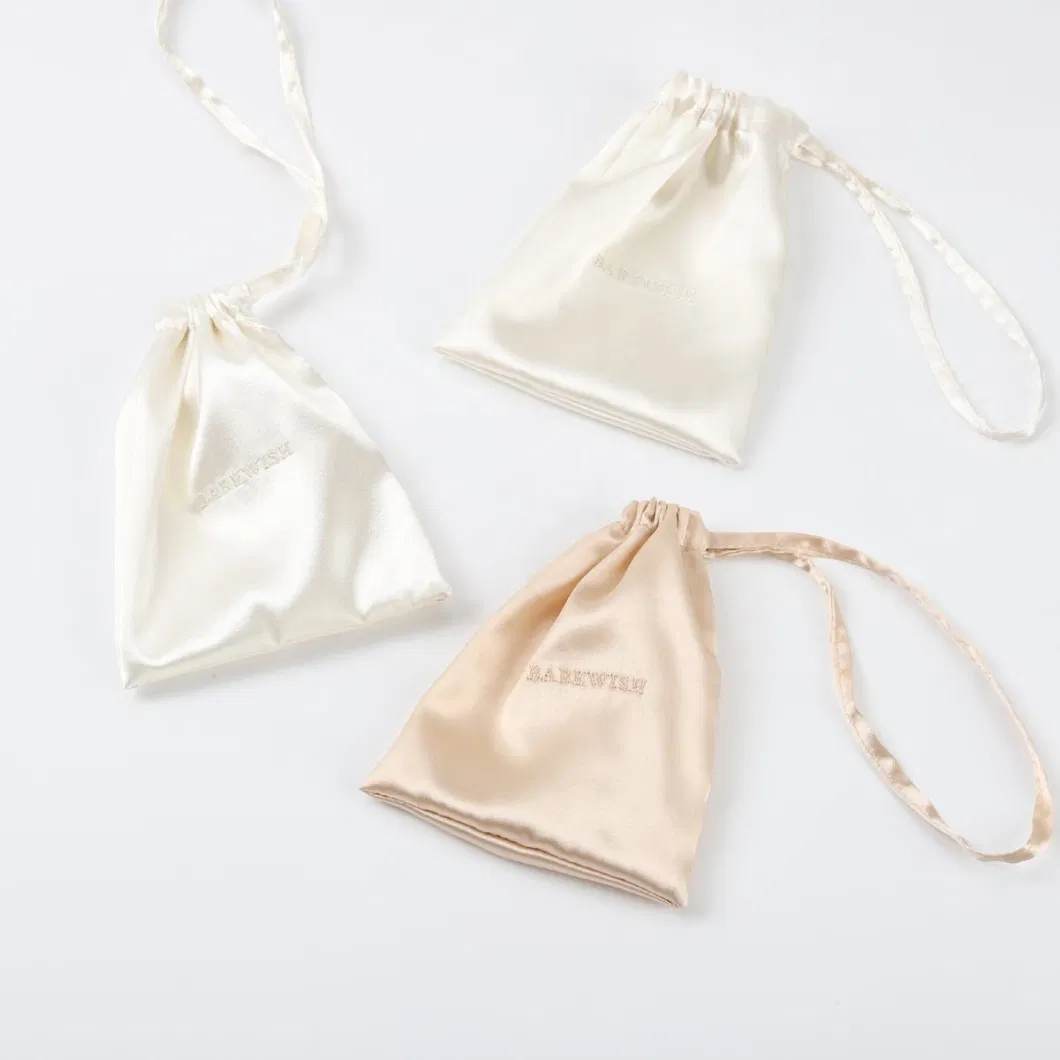 Custom Logo Personalized Single String Silk Satin Jewelry Bag Luxury Drawstring Gift Silk Cosmetic Packaging Bag