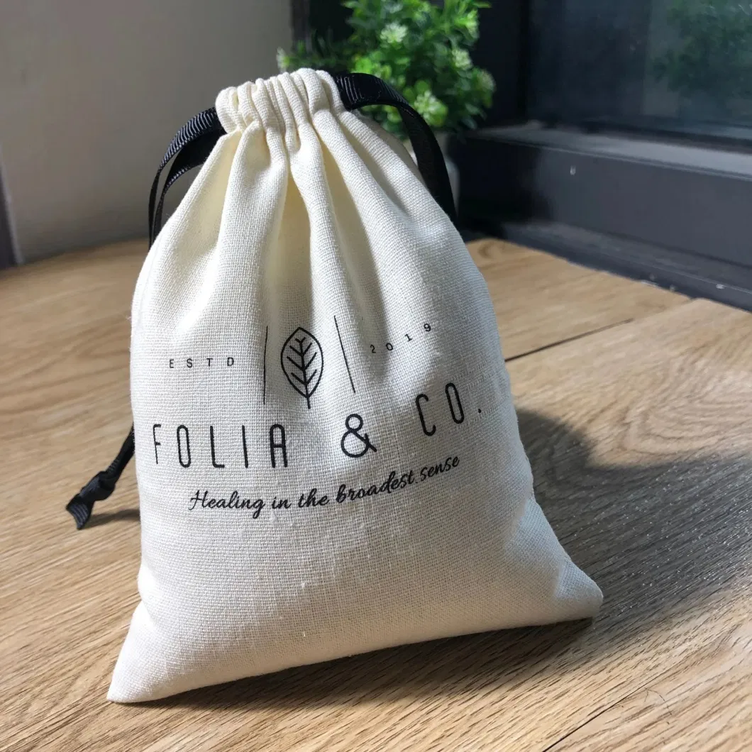 Custom Logo Printed Cotton Linen Candle Pouch Eco Friendly Gift Drawstring Bag