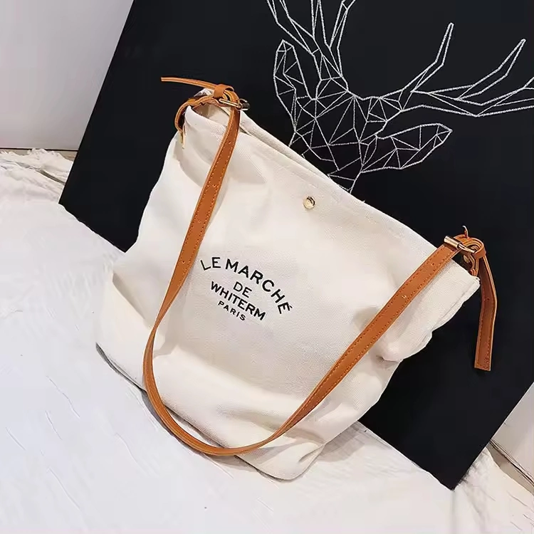 Custom Logo Shopping Tote Cotton Canvas Bag Signify with Leather Handle Straps.