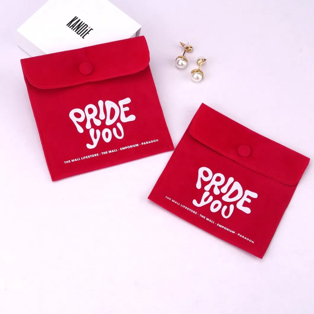 Custom Logo Velvet Envelope Ring Earring Necklace Jewelry Pouch with Snap Button Velvet Jewelry Bag