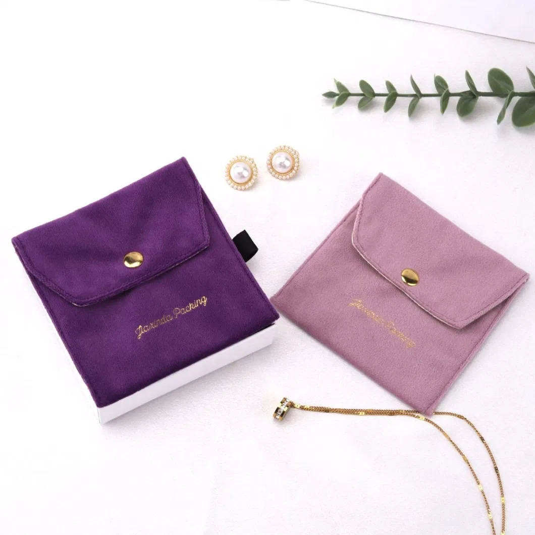 Custom Logo Velvet Envelope Ring Earring Necklace Jewelry Pouch with Snap Button Velvet Jewelry Bag