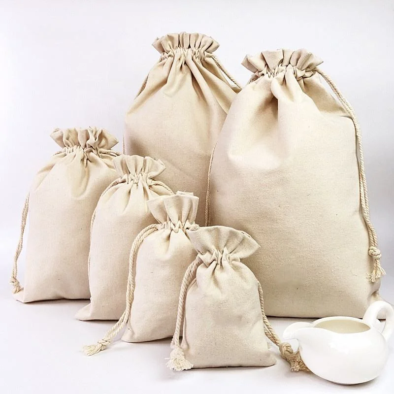 Custom Natural Canvas Drawstring Couch Round Bottom Drawstring Bag Handheld Cotton Bag Cosmetic Clothes Gift Bag