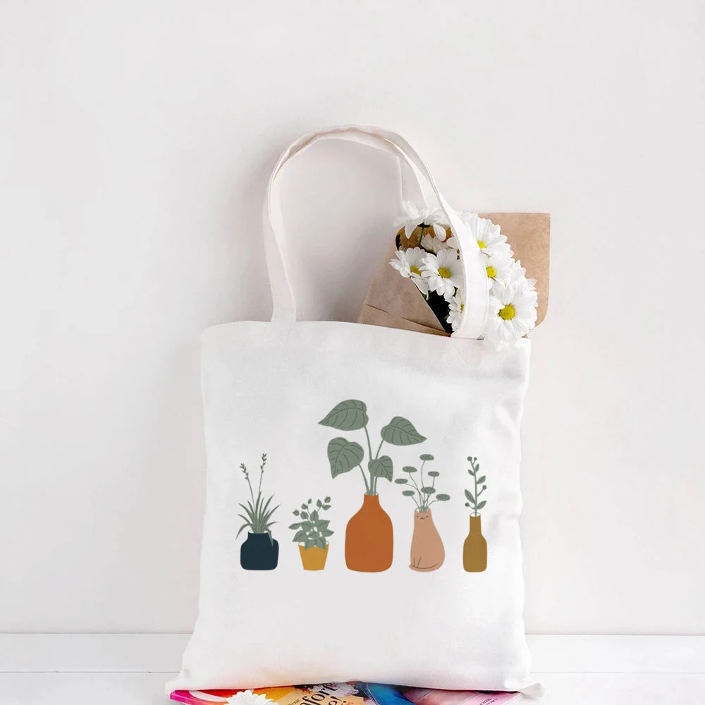 Custom Shoulder Canvas Cute Fun Handbag Plant Cat Shopping Shopper Tote Bag