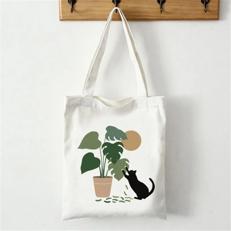 Custom Shoulder Canvas Cute Fun Handbag Plant Cat Shopping Shopper Tote Bag