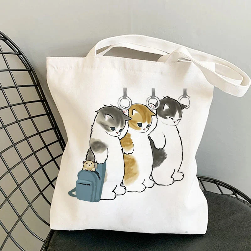 Custom Tote Shoulder Bag Funny Cats Printed Shopping Canvas Shopper Girl Handbag