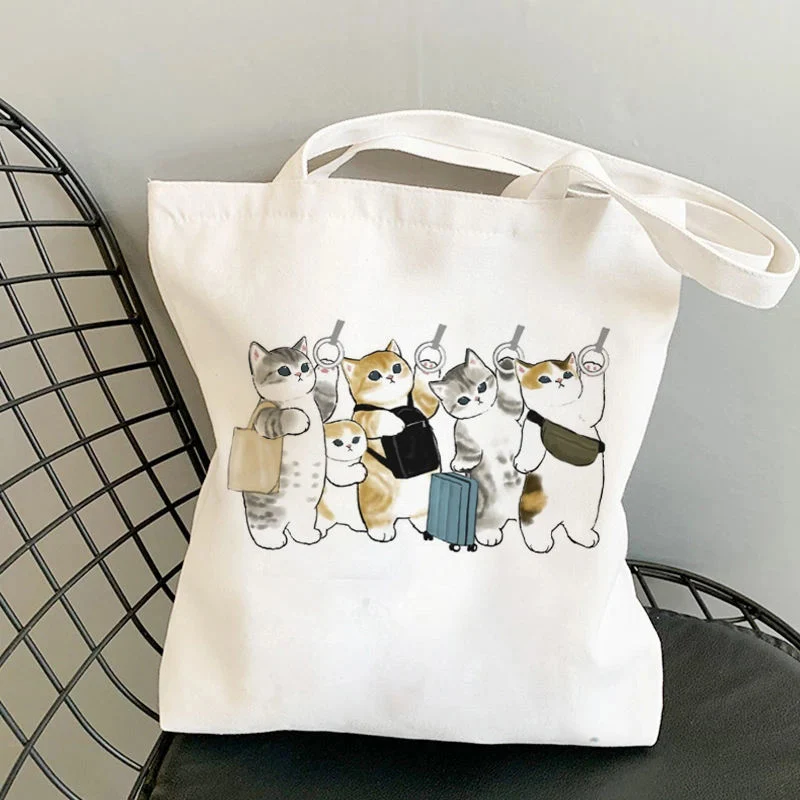 Custom Tote Shoulder Bag Funny Cats Printed Shopping Canvas Shopper Girl Handbag