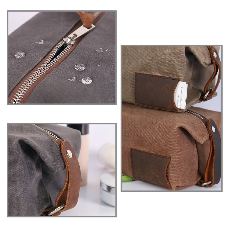 Custom Travel Waxed Canvas Leather Toiletry Bag Cosmetic Bag