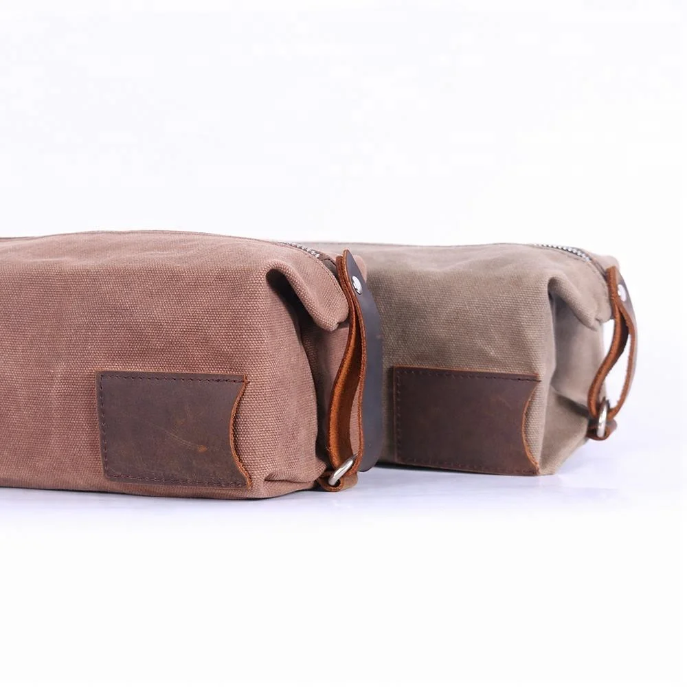 Custom Travel Waxed Canvas Leather Toiletry Bag Cosmetic Bag