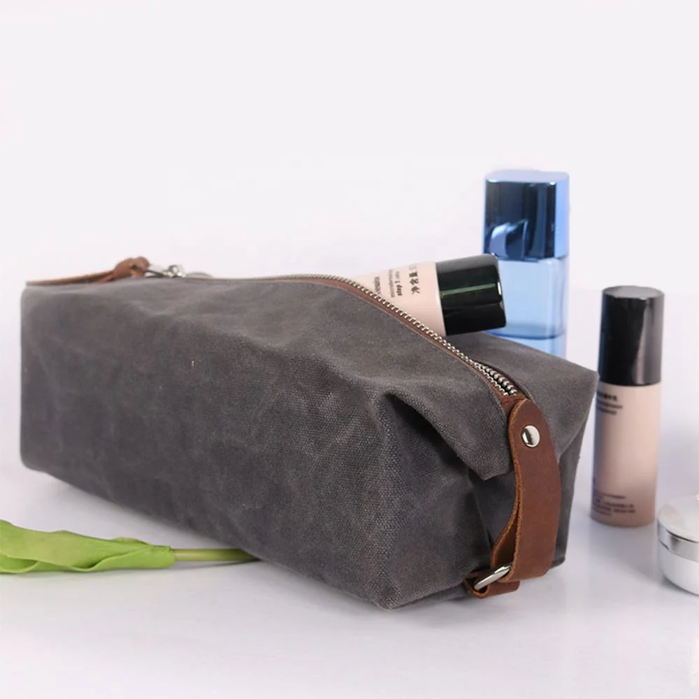 Custom Travel Waxed Canvas Leather Toiletry Bag Cosmetic Bag