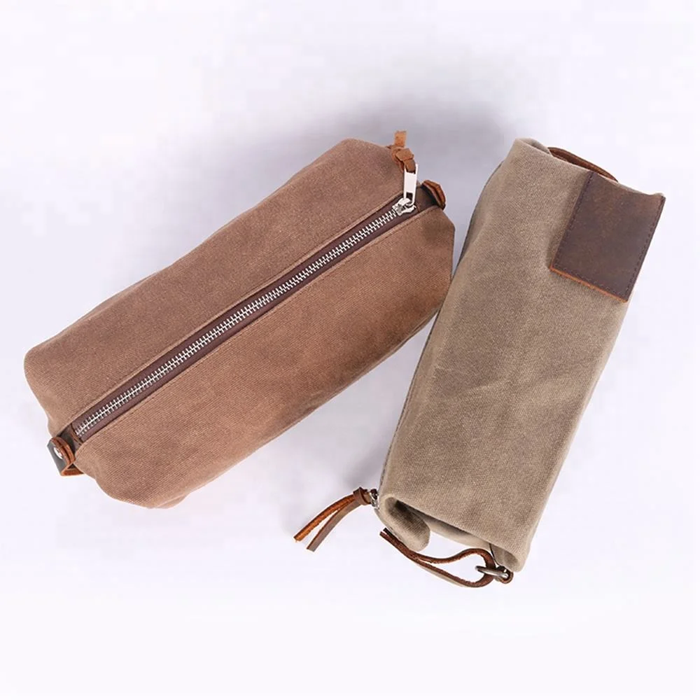 Custom Travel Waxed Canvas Leather Toiletry Bag Cosmetic Bag