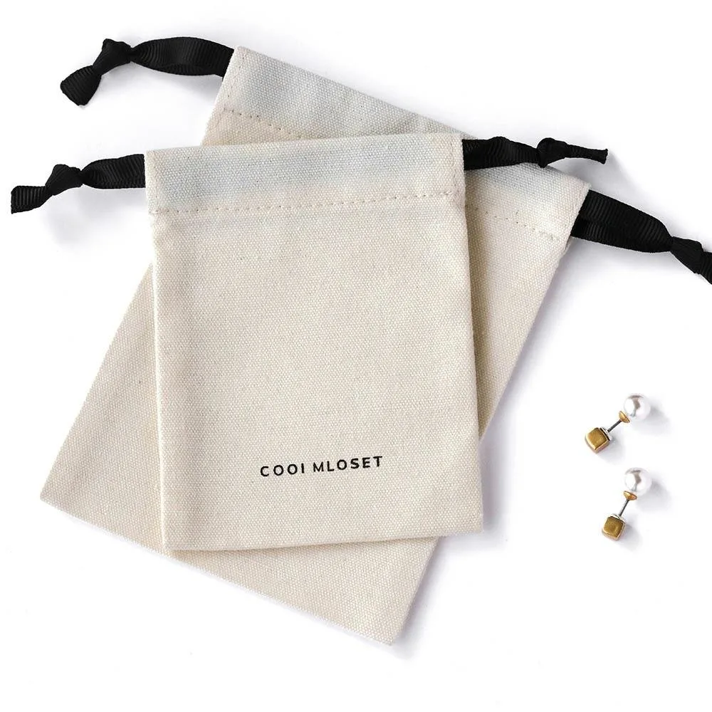 Custom White Canvas Jewelry Packaging Bag Mini Dust Gift Bag Ribbon String Pouch