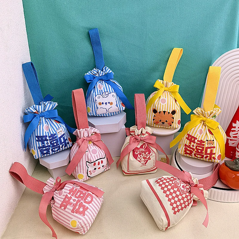 Custom White Canvas Jewelry Packaging Bag Mini Dust Gift Bag Ribbon String Pouch