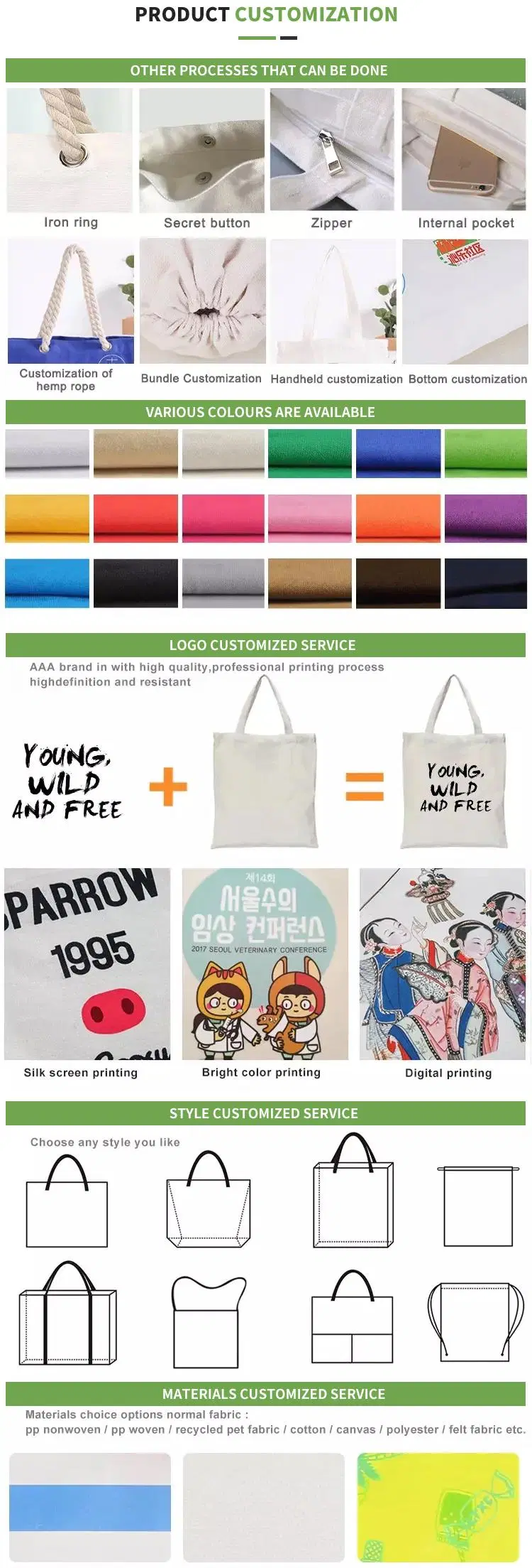 Customized Advertising and Shopping Cotton Bags with Simple Metal Buttons and Canvas Bags