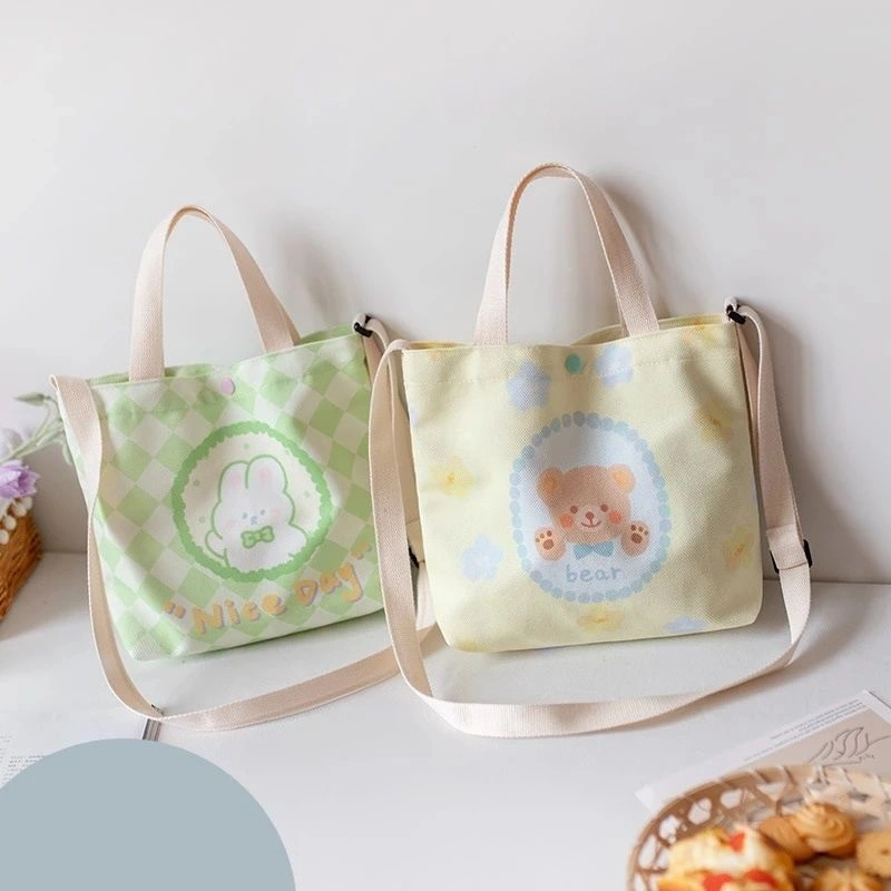 Customized Canvas Shoulder Tote Bags Kawaii Messenger Crossbody Bag for Girl Students Cartoon Cute Cloth Handbags