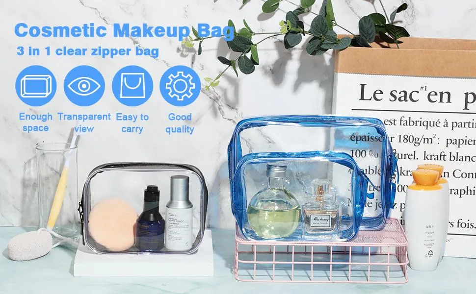 Customized Logo Clear Waterproof Makeup Pouches Travel Toiletry Transparent PVC Cosmetic Bags