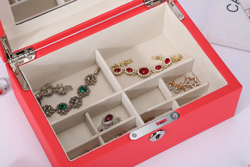 Customized Luxury Leather Fiber Travel Jewelry Box with Lock for Pendant Ring Stud Earrings Necklace Box Storage and Mirror