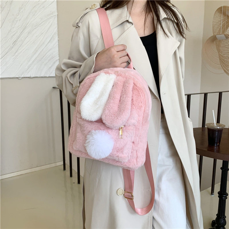 Cute Bunny Ears Girl Backpack Crossbody Bag Large Capacity Furry Backpack