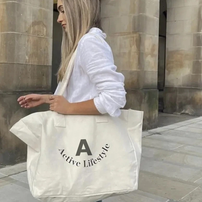 Friendly Oversize Custom Logo Organic Reusable Cotton Shopping Bag Canvas Tote Bag