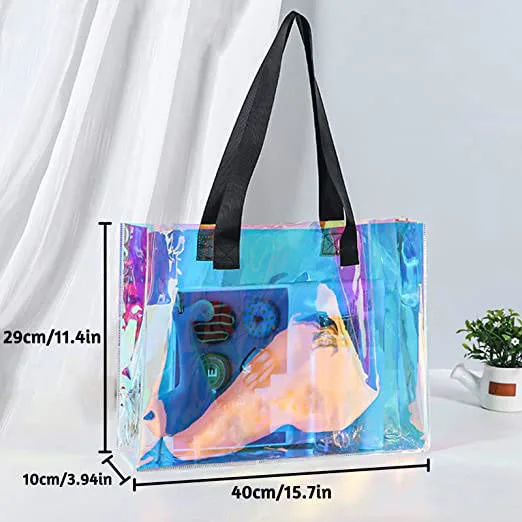 Hot Selling Custom Durable Rainbow Colors Work School Travel Sports Shopping Festival Holographic Clear PVC Tote Bag Large