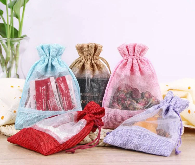 Hot- Selling Custom Logo Jute Shopping Bags Jewelry Gift Pouch Burlap Drawstring Bags with Organza Window
