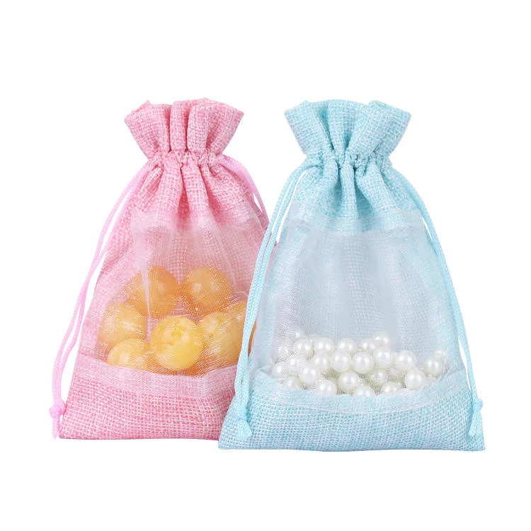 Hot- Selling Custom Logo Jute Shopping Bags Jewelry Gift Pouch Burlap Drawstring Bags with Organza Window